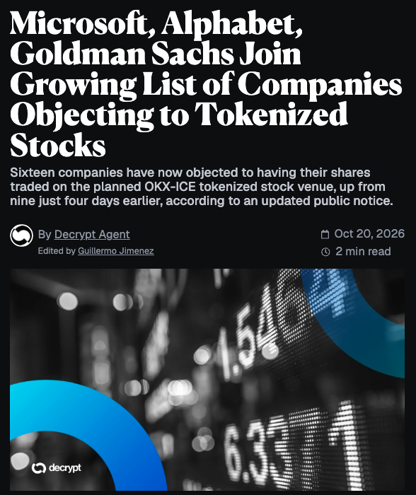 Tyler_Did_It's tweet photo. The Morning Minute (10.21)

Top News:
-Crypto majors are green up led by ZEC +12%; BTC at $83.4k
-Staked ETH hits ATH at 35.9% after 6 straight quarters of growth
-Seven more major companies object to tokenized stock trading
-Collector Crypt smashes records in packs, revenue & daily users after Pump integration
-Pump signs Kimchi and introduces new ad campaign; Kimchi coin runs to $40M

🌎 Macro Crypto and Markets
-Crypto majors are green up 2-4%, ZEC leads; BTC +2.4% at $83.3k; ETH +3% at $2,460; SOL +2.5% at $107; HYPE +4% at $81; ZEC +12% at $1,280
-Top alt movers include ENA (+12%), PYTH (+11%), NEAR (+10%) and VVV (+8%)
-Oil -1% at $99; Gold +0.2% at $4,150
-Stock futures are green as oil falls; DOW +0.1%, Nasdaq +0.6%

-Microsoft, Alphabet, Goldman Sachs, Qualcomm, Caterpillar, McDonald’s and Western Digital joined the list of companies objecting to tokenized versions of their shares trading on the OKX-ICE venue, taking the count from nine to 16 in four days

-Bitwise’s Q4 staking report shows Ethereum staking at a record 43.8 million ETH, or 35.9% of supply and roughly $106 billion at current prices, a sixth straight quarter of growth

-The CFTC set the agenda for its first Frontier Forum on October 28, examining how AI could reshape derivatives markets and how traders’ own AI agents might operate under existing rules

-Mastercard opened early access to Agent Pay for Machines, letting AI agents discover services and pay for them within human-set spending caps

-Wallets tied to April’s $295.7 million Drift exploit moved 25,700 ETH worth about $61.6 million into Tornado Cash over roughly two hours after two months of dormancy

-Zcash developers settled on block 3,543,405 for the NU7 upgrade, expected around November 5, cutting block times from 75 seconds to 25 and shutting down Sprout, the original privacy pool, permanently

Corporate Treasuries & ETFs
-The Bitcoin ETFs saw $23M in net inflows on Monday; the ETH ETFs lost $26M in net outflows

Meme Coin Tracker
-Meme leaders were mostly green; DOGE +4%, SHIB +4%, PEPE +9%, PENGU +8%, TRUMP +8%, SPX +7%, Bonk +7%
-Robinhood chain leaders were mixed; Pons +10% to $195M; AI +20% at $90M; Cashcat +12% at $115M; Orbio +85%, Hookr +20%, Boner +25% and Priors +33% led top movers
-Solana top movers included KIMCHI +650x to $30M, Pill +280% to $2.4M, and Stonk +23%; Ansem +10% at $100M

💰 Token, Airdrop & Protocol Tracker
-Papertrade led onchain protocols in revenue on the day with $2.5M followed by Pump Fun at $2.18M and Hyperliquid at $1.92M
-Pump Fun introduced Kimchi as its latest app partner and rolled out a new ad campaign “pill your friends” around the launch
-Collector Crypt posted record numbers across the board after plugging into https://t.co/7LdBuDRnUG’s distribution
-OpenSea rolled its mobile app out to everyone for the first time after a closed beta

🚚 What is happening in NFTs?
-NFT leaders were mostly green; Punks +4% at 31.3 ETH, BAYC +8% at 5.99 ETH, Pudgy +2% at 2.45 ETH
-Invisible Friends (+150%), Good Vibes Club (+36%) and Statements (+41%) led top movers; Fidenza +20%
