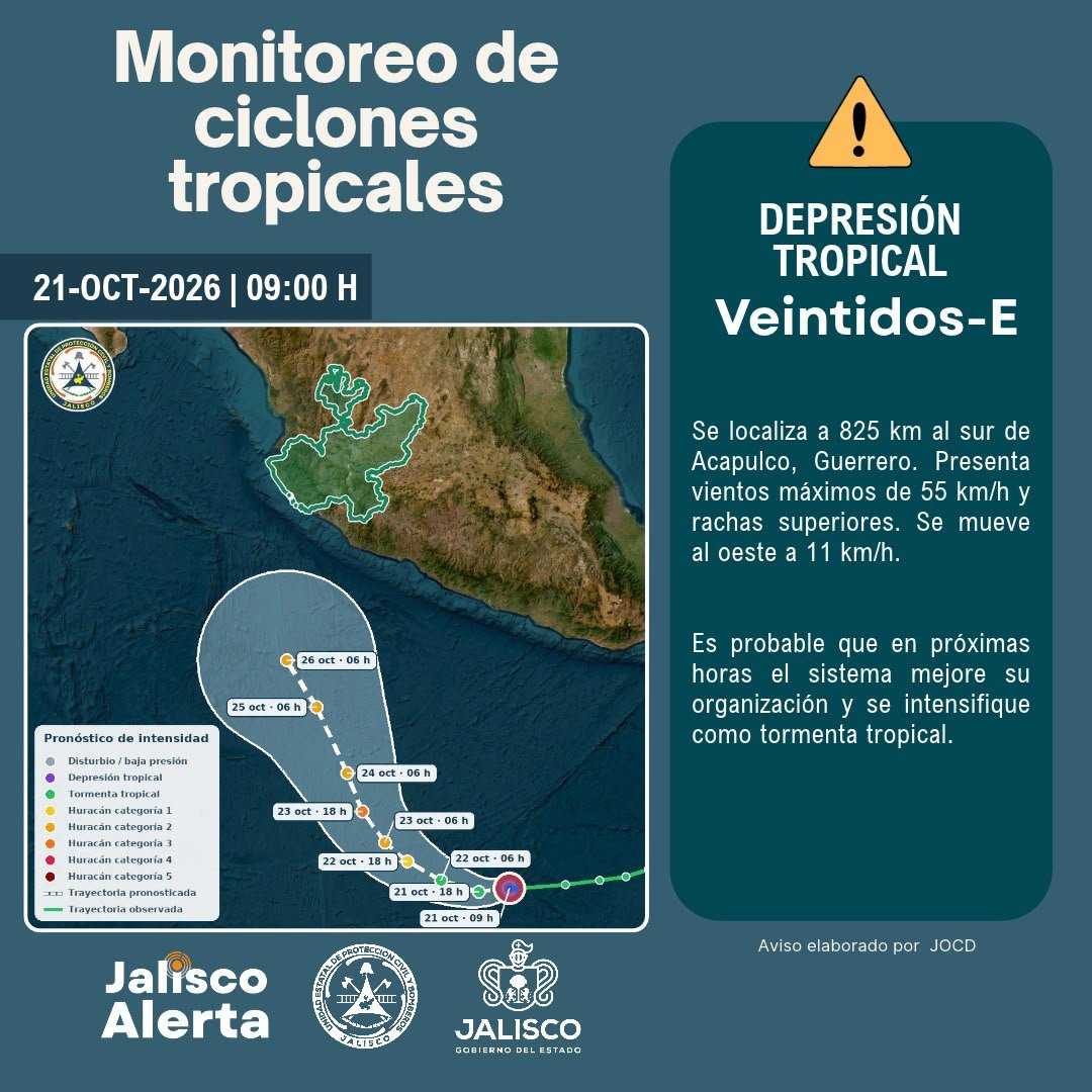 RiGarciaJal's tweet photo. Autoridades meteorológicas reportan la formación de la depresión tropical Veintidós-E en el Océano Pacífico. El sistema se ubica al sur de Guerrero con vientos máximos sostenidos de 55 km/h y avanza rumbo al oeste a una velocidad de 11 kilómetros por hora. https://t.co/HrSv1OJ0yy