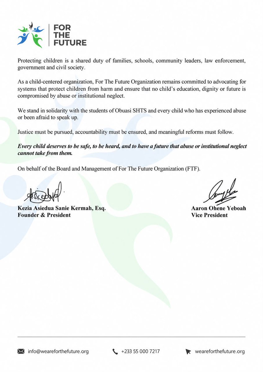 FTFGhana's tweet photo. Every child deserves to feel safe, especially in the institutions entrusted with their education and protection.
For The Future (FTF) stands in solidarity with the students of Obuasi SHTS and calls for justice, accountability and stronger child protection in all Ghanaian schools. https://t.co/4o5NX6a9Sz