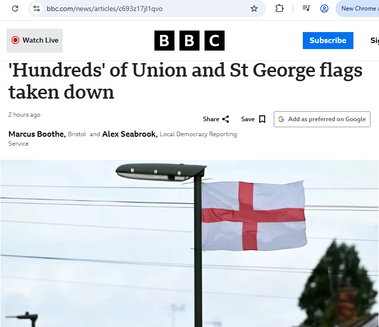 PlotWeaver's tweet photo. UK governments are taking down national flags🇬🇧🏴󠁧󠁢󠁥󠁮󠁧󠁿🏴󠁧󠁢󠁳󠁣󠁴󠁿🏴󠁧󠁢󠁷󠁬󠁳󠁿 that citizens put up, while pretending everything is okay.
A North Somerset Council (UK) spokesperson said they are "proud to fly the Union flag  ... however, this pride should be shown in ways that are respectful and safe."

If flying your country's flag in your own country is disrespectful or unsafe, isn't the solution is to remove those who object instead of removing the flag?
