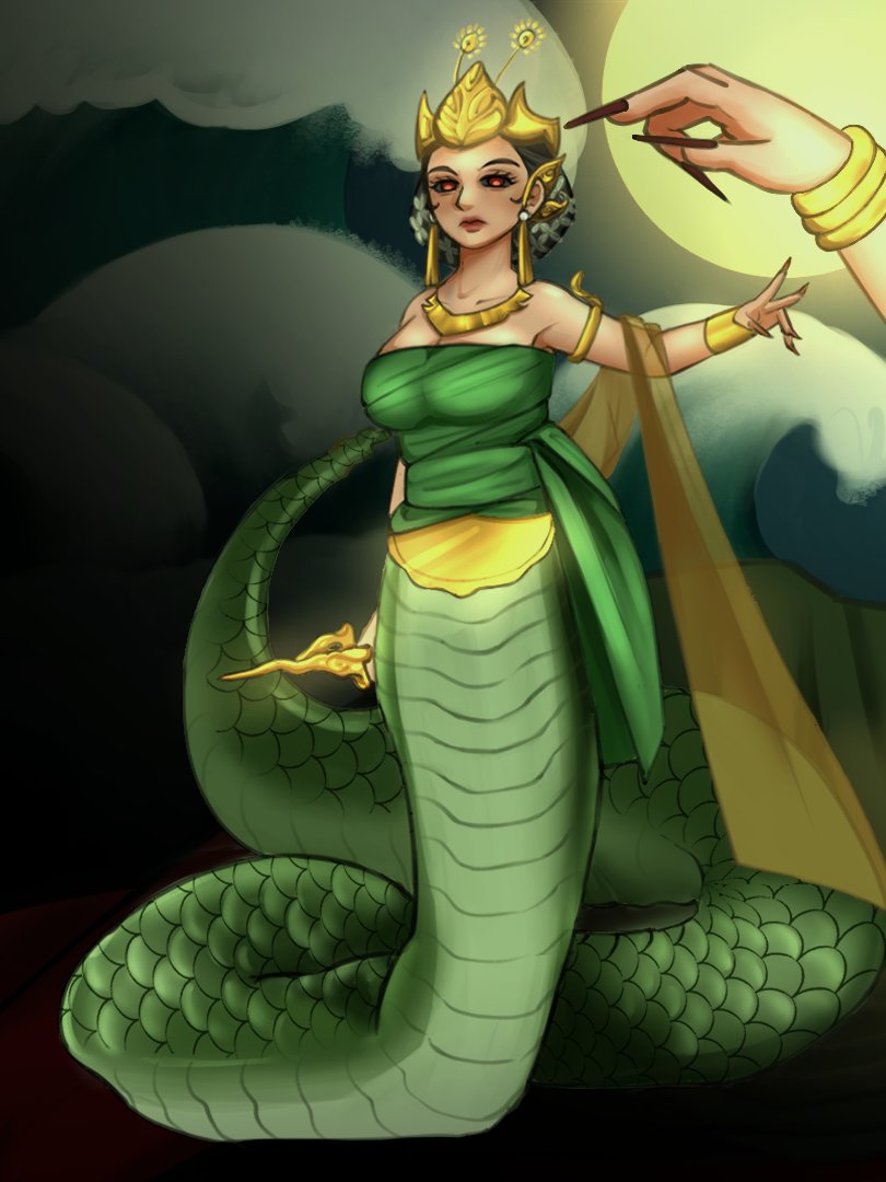 sashatgoa's tweet photo. Lady of the sea Nyi Roro Kidul and her General Nyi Blorong, idk if u consider their beauty spooky but..that's their weapon to kidnap u #cspcontest49 @clipstudiopaint https://t.co/ZjzLPjO7h0