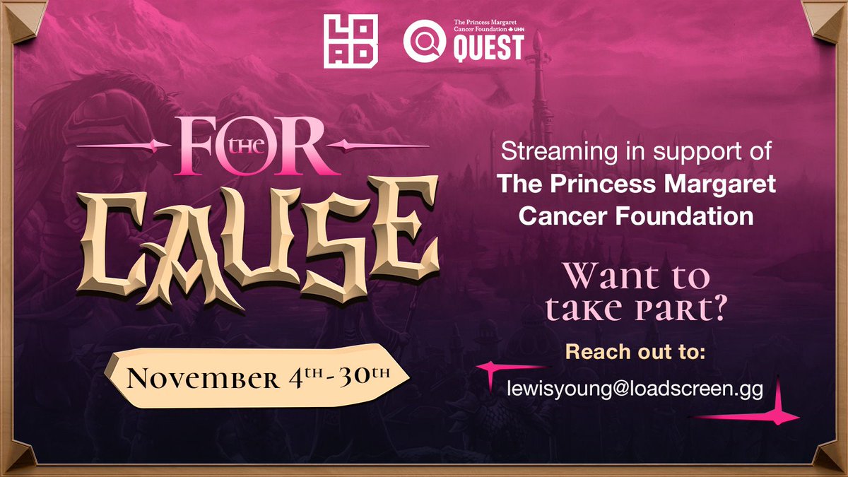 Loadscreengg's tweet photo. For The Cause ⚔️

This November, WoW creators are streaming to raise money for @PMCFquest and fund the fight against cancer 🩷 

Stream for 4 hours or all month. It’s up to you 👀 

Want to take part? Send us an email!

#ForTheCause #WoWForever https://t.co/nGhFPDtxPA