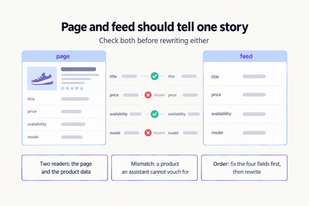Jacktalksmeta's tweet photo. Product page and product feed should not tell different stories.
A different price, model, or availability in the feed is a reason to be skipped.

Two prices is a product an assistant cannot vouch for. Compare title, price, availability, model in both. Fix mismatches first. https://t.co/AxeCTd4C4m