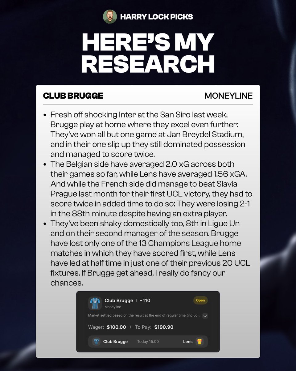HarryLockPicks's tweet photo. ⚽️ UCL Pick of the Day…

🇧🇪 Club Brugge Moneyline 

Tail here 👉🏼 https://t.co/aaX7J3tcNr

Brugge have been red-hot to start the season and I like them to pick up three points here 🫡 

Research attached 📚

21+ Only. https://t.co/rT8XCDyZ8r