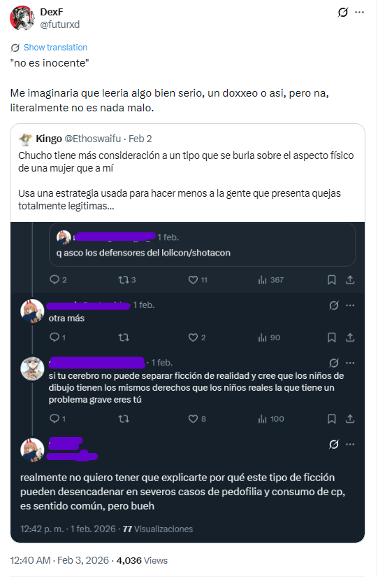 Ethoswaifuwu's tweet photo. Duda ¿el fetiche lolicon no es malo?

Pregunto porque la otra vez discutimos sobre esto, y  me parece genial tu defensa a un artista lolicon donde plasma su afecto lolicon en una obra con tal alusión.

Lo digo porque esa situación es algo similar, con ciertos matices, pero sí... https://t.co/MHKZnZyzyZ