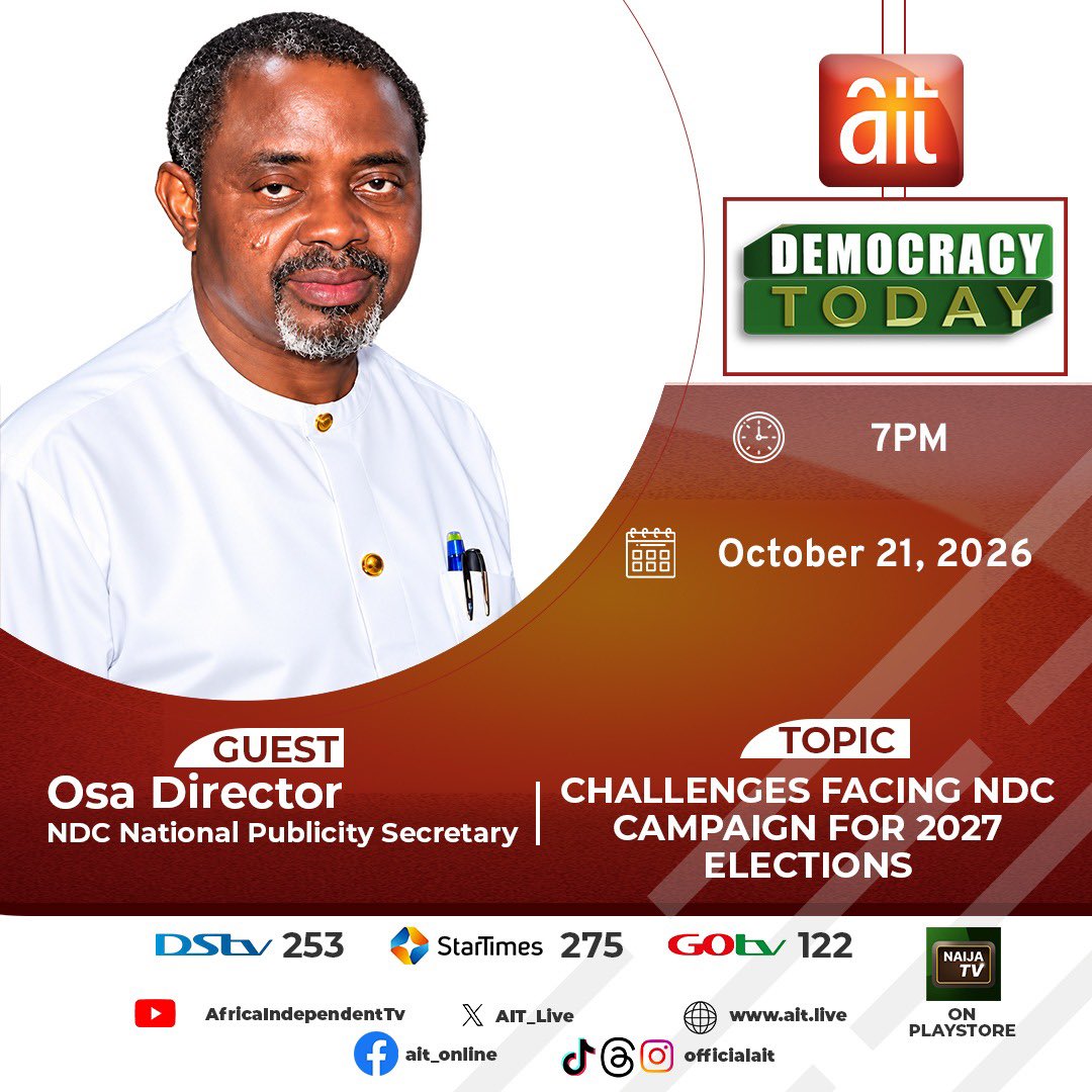 NigeriaNDCHQ's tweet photo. The National Publicity Secretary of our great party, Osa Director, Esq. (@DirectorOsa), will be a guest on Africa Independent Television at 7:00 pm tonight.

Kindly tune in. https://t.co/gyfrWygePX