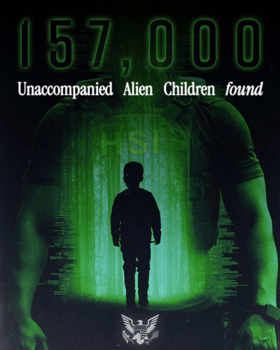 DHSgov's tweet photo. More than 157,000 unaccompanied alien children who were lost under the Biden Administration — including to sex trafficking, forced labor, and other atrocities — have been located.

By leaving our borders open, Democrats enabled the largest human-trafficking operation in modern history. Under the leadership of @POTUS Trump, and working together at every level of government, we will ERADICATE human trafficking.