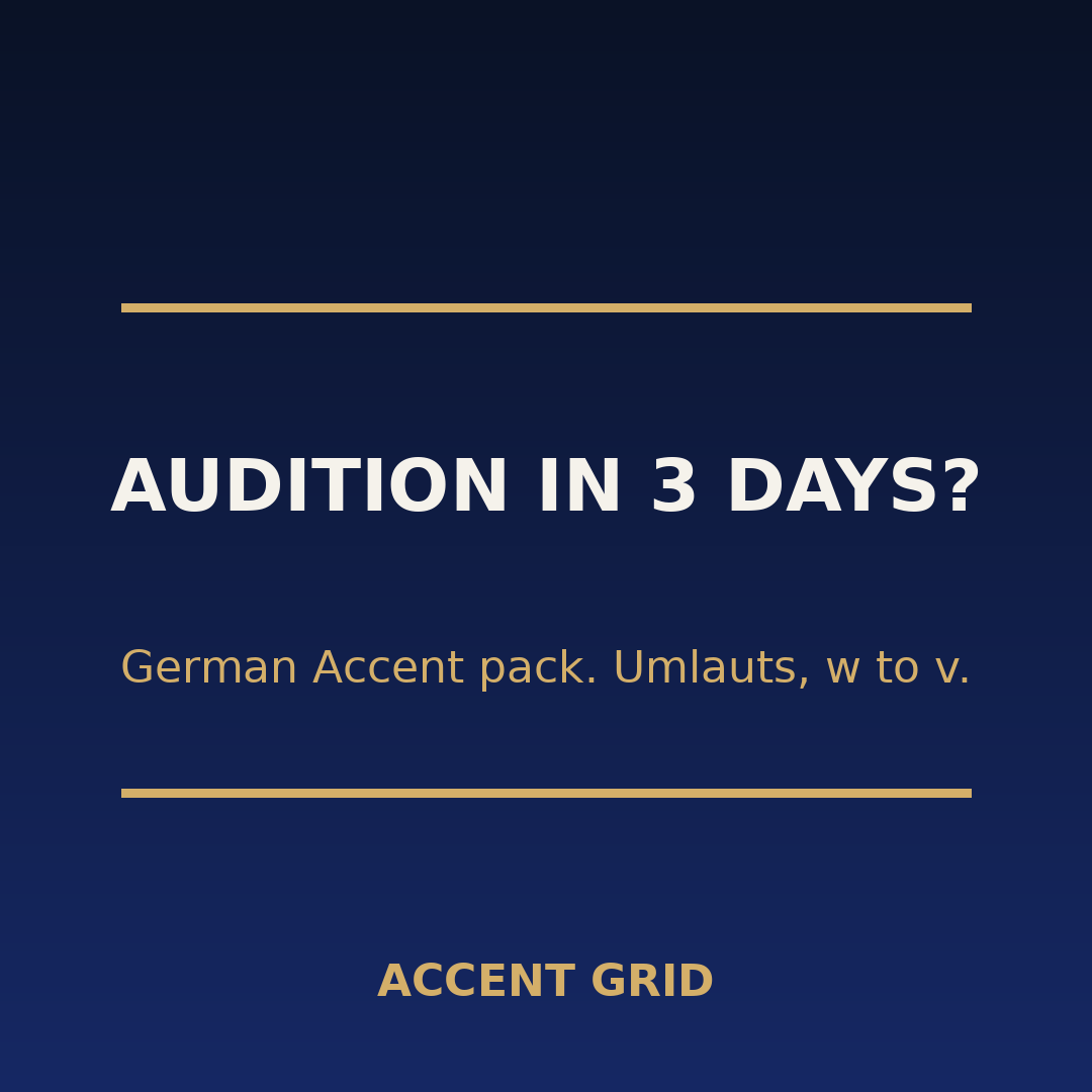 accentgrid's tweet photo. Audition in 3 days and the role needs a German sound? The German Accent pack drills umlaut vowels, the w to v shift, hard consonants. Real natives, no cartoon villain. #ActorsLife https://t.co/RpQok0NJTg