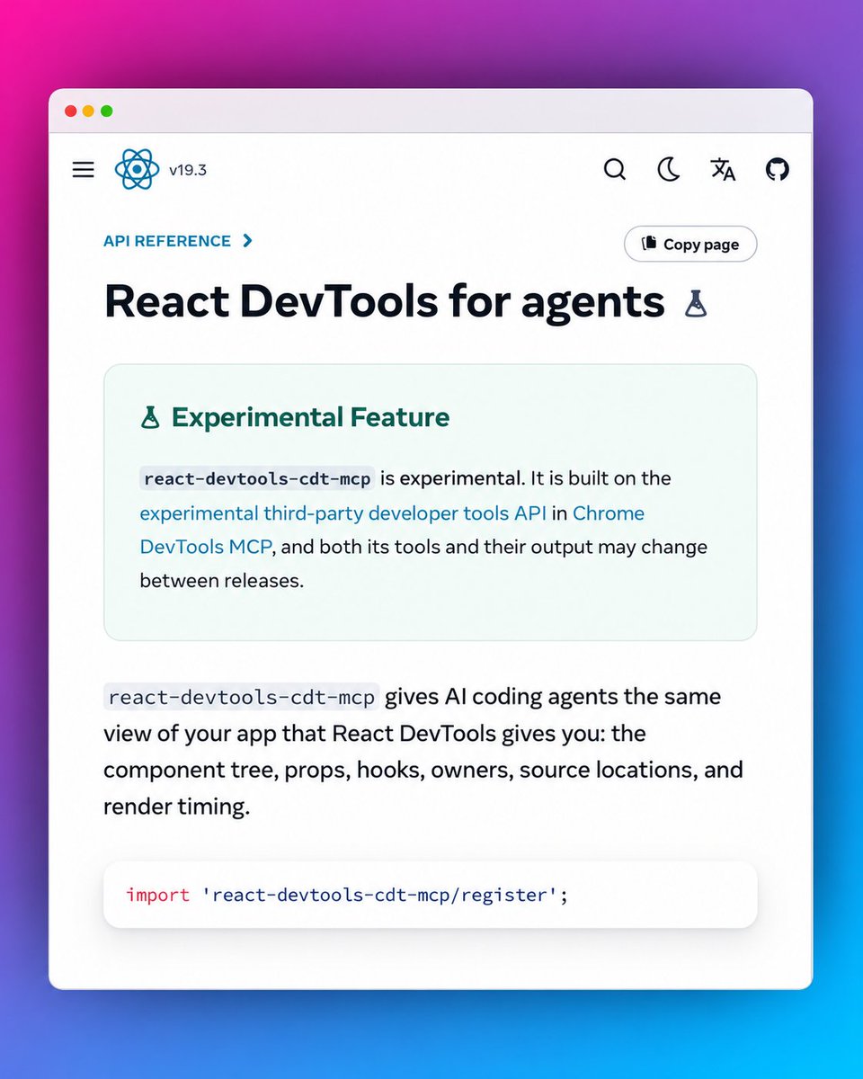 rammcodes's tweet photo. This is why I love the React ecosystem. 🔥

Instead of crying about AI taking over, they're finding new ways to adapt to the changing world.

They now have React DevTools MCP, which lets AI coding agents inspect React component trees, examine props and Hooks, and investigate rendering performance.

Basically, giving AI agents a better understanding of what's happening inside your React app :)

Follow me for more amazing AI, Coding & Web Dev insights 💎