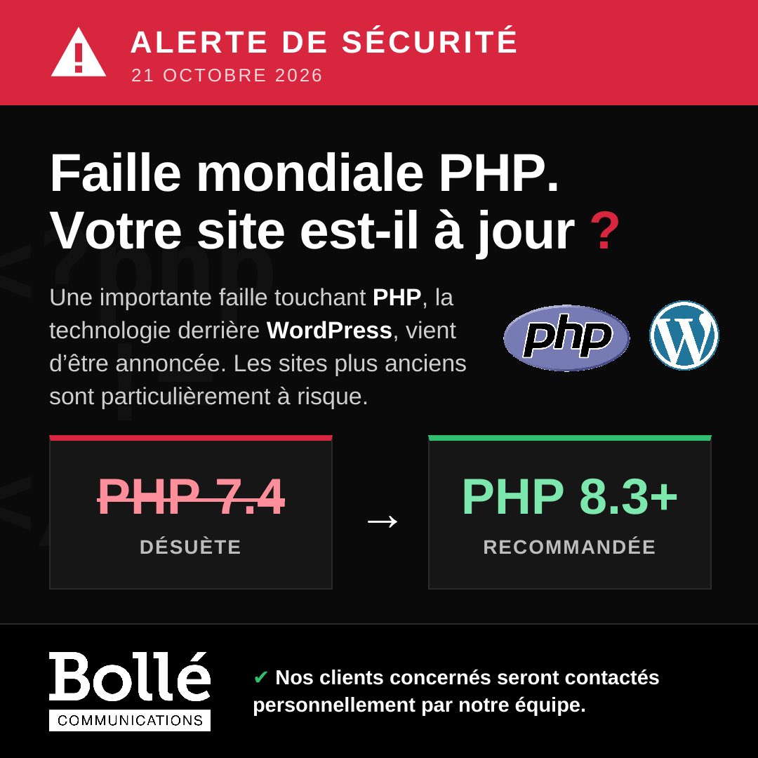 BolleComm's tweet photo. 🚨 ALERTE DE SÉCURITÉ – Votre site Web est-il à jour ?

Une importante faille de sécurité mondiale touchant la technologie PHP, utilisée notamment par WordPress, a été annoncée le 21 octobre 2026. https://t.co/GeoFePVjoW