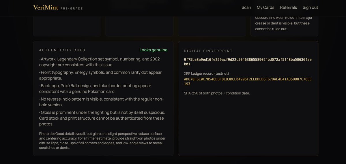 xvault589's tweet photo. This is what a https://t.co/uYjtAgDInd grading report looks like and it carries the immutable digital blockchain id/fingerprint.
#PokemonTCG https://t.co/GGTS1Ki7Vs