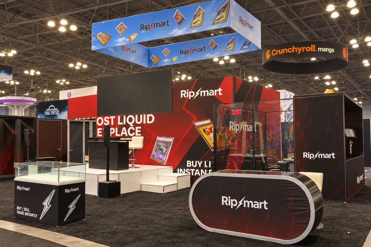 andyjonesesquir's tweet photo. Take a look at RipMart's booth. It is fantastic!

The first thing that catches your attention is the large overhead sign. The company name is clearly visible, and the trading cards incorporated into the graphics immediately tell you this is a business involved in collectibles.

Then you see the messaging.

"Buy | Sell | Trade Instantly."
Four words that tell potential customers exactly what they can do.
The branding is excellent. The black and red color scheme is bold, the graphics are consistent, and the entire exhibit has a professional appearance.

But what really makes this booth work isn't the signage or the graphics.

It's what happens inside the booth.

RipMart has a dedicated area on the right side of the exhibit for live shows.

There's also a center stage area that can be used for additional live broadcasts.

And I absolutely love this approach.

Think about what that accomplishes.

First, it allows people walking past the booth to see exactly what RipMart does.

They don't have to watch a promotional video or listen to someone explain the platform.

They can watch the business in action, live and in real time.

Second, those live shows give attendees a reason to stop.

People naturally gather around something interesting happening on a trade show floor.

And when people stop to watch, something else happens.

The booth team now has an opportunity to approach those attendees, start conversations, explain the platform, and potentially turn that interest into new customers.

That's how an exhibit should work.

Attract attention. Demonstrate what you offer. Create opportunities for conversations.

RipMart accomplishes all three.

I also like how the space is organized.

There are display cases for collectibles, a prominent front counter, dedicated broadcasting areas, and plenty of room for people to move around.

Nothing feels wasted.

Every major element of the exhibit appears to support what the company is trying to accomplish.

And that's something I wish more companies understood.

A trade show booth shouldn't simply be a place where your employees stand around waiting for someone to ask a question.

It should actively help you attract and engage potential customers.

RipMart doesn't just tell attendees what its business does. It lets them experience it.

And that's what makes this exhibit so effective.

From the moment someone sees the overhead signage to the opportunity to watch a live show, the booth is doing exactly what it should.

Drawing attention, communicating the business, and giving people a reason to stop.

This is an excellent example of trade show marketing done right.

RipMart doesn't just pass The Walk By Test.

It passes with flying colors.