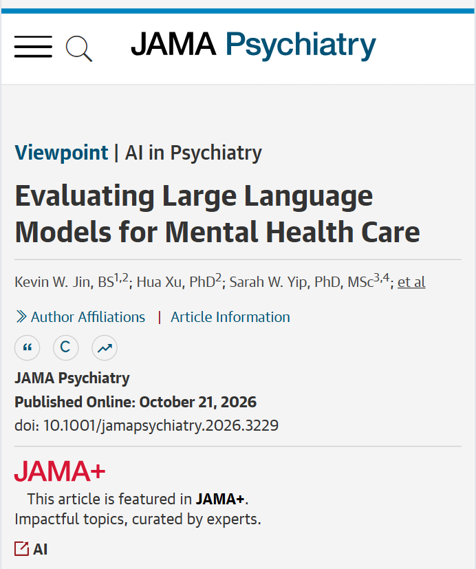 JAMAPsych's tweet photo. 💬 Viewpoint: Evaluation of large language models in #MentalHealth care should reflect the realities of psychiatric practice and should not rely on isolated institutional efforts. 

https://t.co/h0yro59pd8 https://t.co/Y4eMVjbvMl