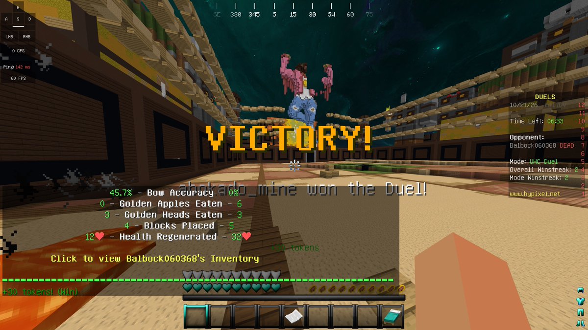 abokado_game's tweet photo. #マイクラPVP #minecraftPVP #hypixel
本日の戦績
パルクール：1勝
UHCデュエル：2勝

今日はパルクールが異常なほどうまくいきました。デュエルはまずまずですね。 https://t.co/xN0fwx287j