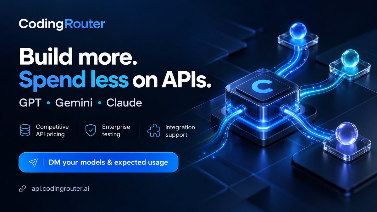 EthanLee7011's tweet photo. Building with GPT, Gemini, or Claude?

CodingRouter offers competitive API pricing, enterprise testing, and integration support for AI apps, agents, and data workflows.

DM me your models and expected usage for a tailored quote.

https://t.co/YxTUp4OhEV

#API #AI https://t.co/pCHEqSTZ2g