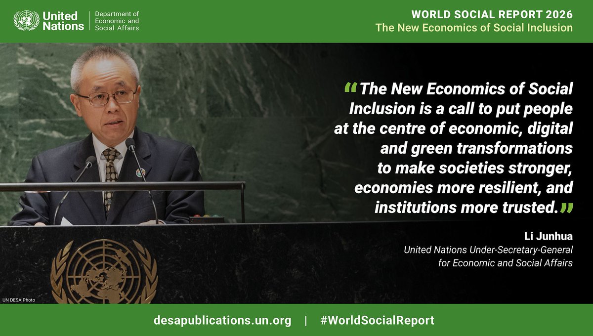 SustDev's tweet photo. As we navigate economic, digital and green transformations, the World Social Report provides an actionable blueprint to ensure these transitions are socially inclusive by design.

Learn more in the #WorldSocialReport 2026: https://t.co/5DWnLMrb5Y https://t.co/YQUPO74VQD