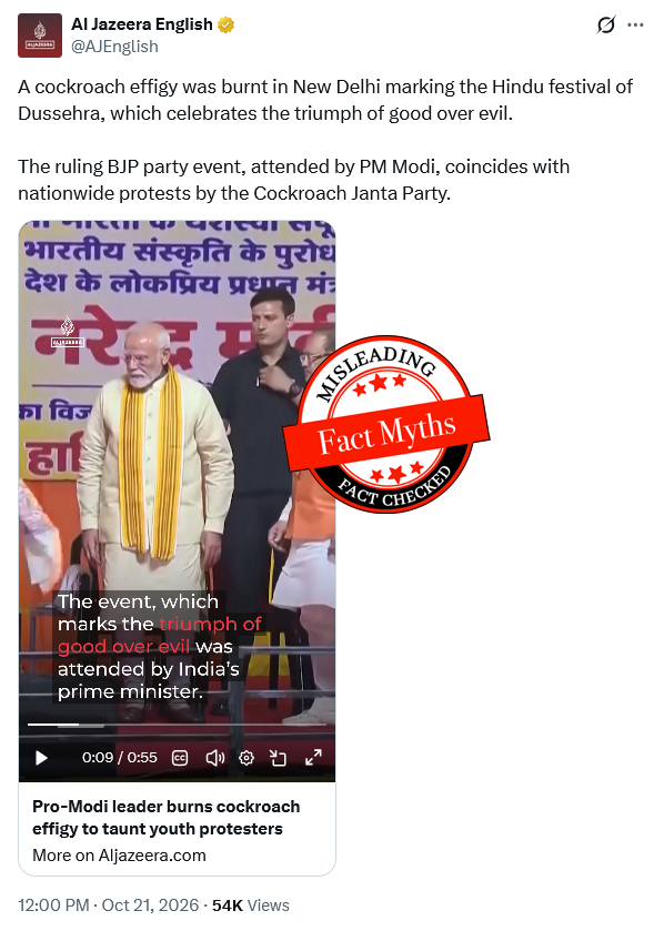 vishalPosts's tweet photo. Al Jazeera presented a misleading report by combining footage of a cockroach effigy being burnt on Dussehra with footage of PM Modi’s event. The cockroach effigy was burnt in Pitampura, while PM Modi attended a Dussehra event on October 20, 2026, at the DDA Utsav Ground in IP Extension, East Delhi. These were two separate events.