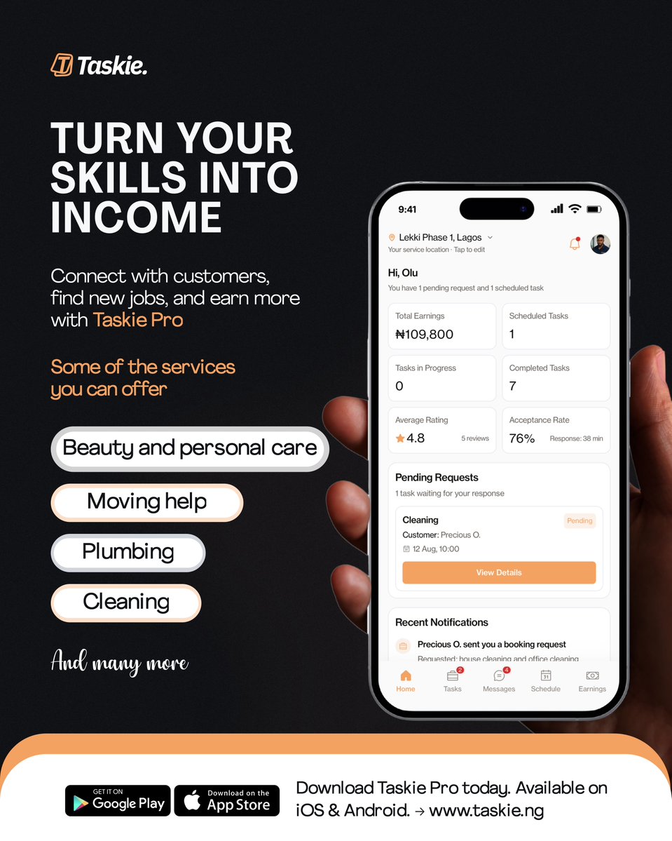 Taskie_ng's tweet photo. Imagine having the skills to do the job but not enough customers finding their way to you.

If you’re a cleaner, plumber, electrician, tailor, or another service professional, Taskie Pro can help you connect with people looking for your services.

What service do you offer? Drop it in the comments. Your next customer could be looking.

https://t.co/9eHl1fli1f

#TaskiePro #FindJobs #FindCustomers #ServiceProfessionals