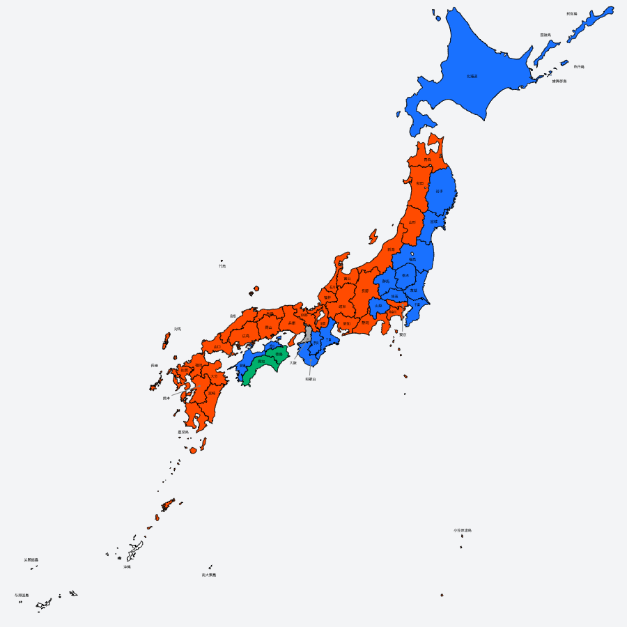 L_expasama37's tweet photo. 大阪駅から各都道府県への乗り換え回数(1968年10月)

赤:0回
青:1回
緑:2回 https://t.co/7y3hcCsO7Q