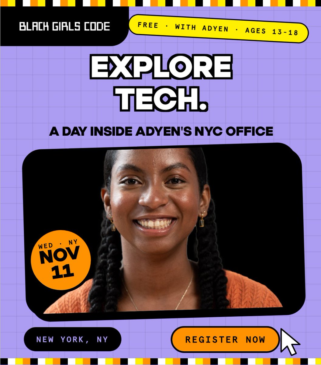 BlackGirlsCode's tweet photo. NYC teens: school’s out Nov. 11, so spend the day at @Adyen’s New York office. 🏙️ Office tour, career talks on tech and payments, and a hands-on build. Ages 13 to 18, 10 a.m. to 3 p.m. ET. Spots are limited: https://t.co/hpqm2gx5aD #BlackGirlsCode https://t.co/462AfS5VSE