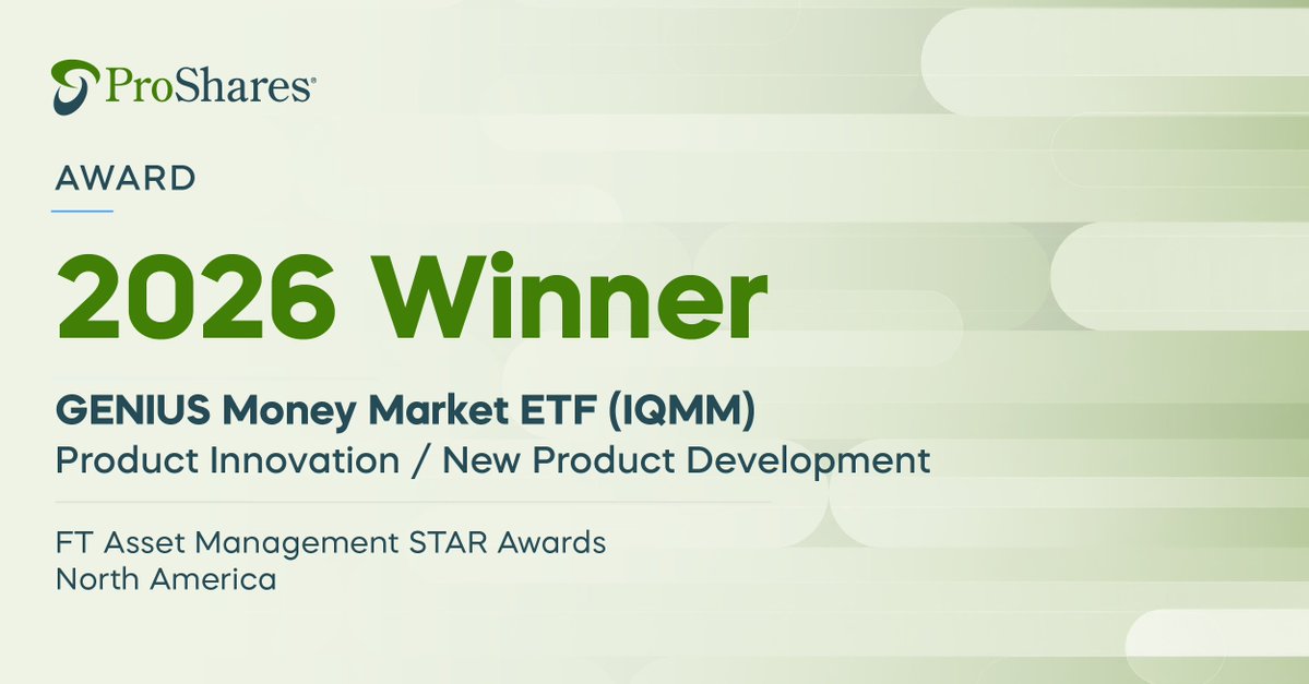 ProShares's tweet photo. ProShares GENIUS Money Market ETF (IQMM) has won the Product Innovation/New Product Development award at the 2026 FT Asset Management STAR Awards, recognizing innovation in alternative investment products. Learn more about IQMM, the largest Money Market ETF in the world: https://t.co/JpIg1rLOvX

For additional details about the Financial Times Asset Management STAR Awards North America, including eligibility requirements, evaluation criteria, judging methodology, and the nomination process, please see the official awards website: https://t.co/DmBwpsTf3t