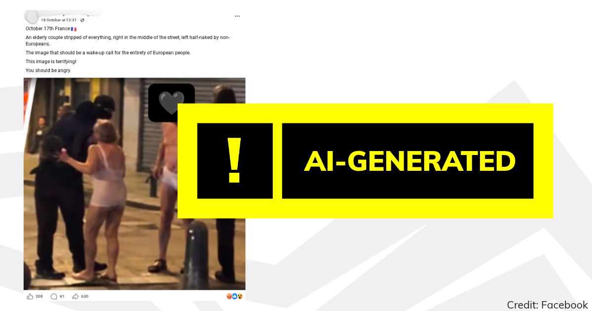 FullFact's tweet photo. Have you seen this image of an elderly French couple in their underwear being shared online with claims they were stripped and robbed during the recent riots in France?

It’s AI and there are no official reports confirming the attack.
https://t.co/ASEVGRsGVh https://t.co/X61kc0IHhb