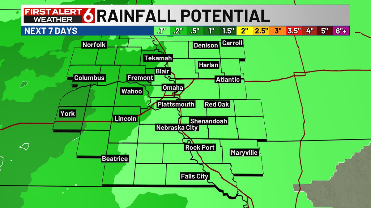 RustyLord's tweet photo. FIRST ALERT to most of the rainfall potential over the next 7 days now centered on Sun late into Mon. Heaviest on the Neb Side. Then temps in the 60s next week. Halloween will show up on the 10 day later today. I'd say there is a rain chance at some point that Sat at this point https://t.co/XHbQvzwNGr