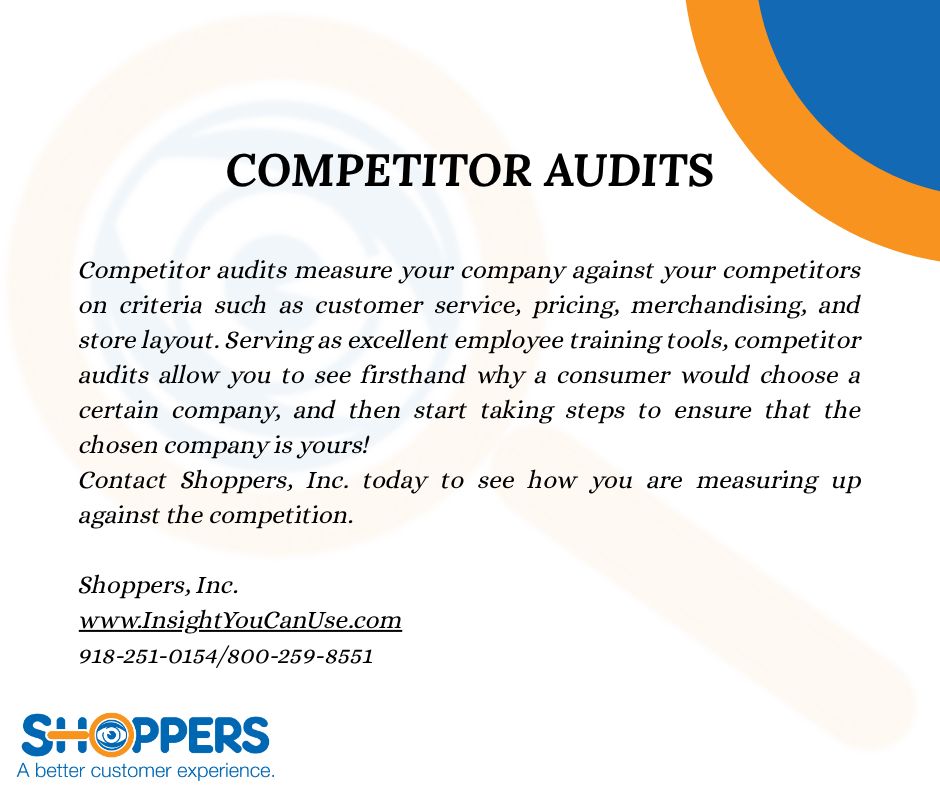 shoppersinc's tweet photo. COMPETITOR AUDITS

Contact Shoppers, Inc. today to see how you are measuring up against the competition.

Shoppers, Inc.
https://t.co/K2uEW4hQU8
918-251-0154/800-259-8551

#ShoppersInc #NeedtoKnow #customerservice #custserv #customerservicematters #greatcustomerservice https://t.co/j1fRED9auB