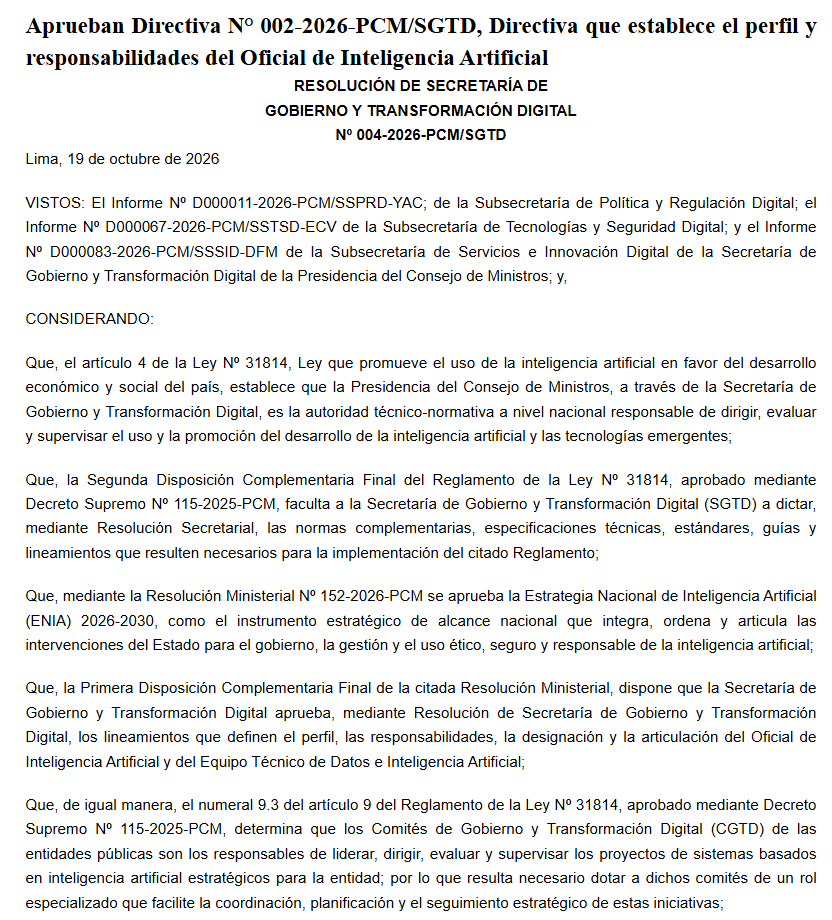 jesusverdeL's tweet photo. Aunque suene raro, somos de los primeros países que han legislado en materia de inteligencia artificial y con una ley vigente. Hoy se publica la directiva que fija el perfil de oficial de inteligencia artificial que en corto trabajará con los comités de gobierno y transformación digital de las entidades públicas. Su rol, aseguran, facilitará la comunicación, planificación y seguimiento estratégico de las iniciativas que se busquen implementar en  el aparato estatal.