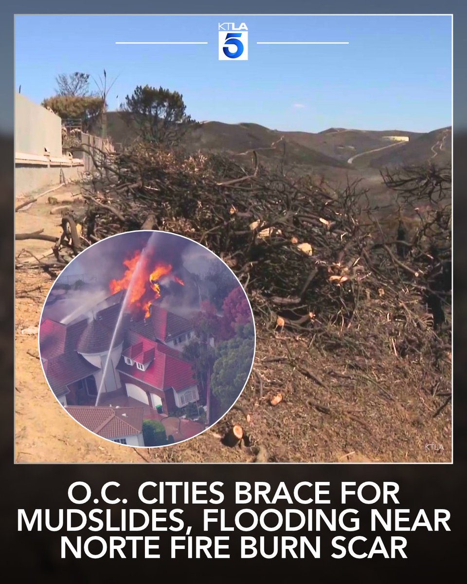 KTLA's tweet photo. Just days after a wildfire destroyed six homes in Orange County, two cities are preparing for another potential threat as an approaching storm raises concerns about mudslides and flooding near recently scorched hillsides. https://t.co/2LBTDsjrRL https://t.co/2ZfH8zAIY3