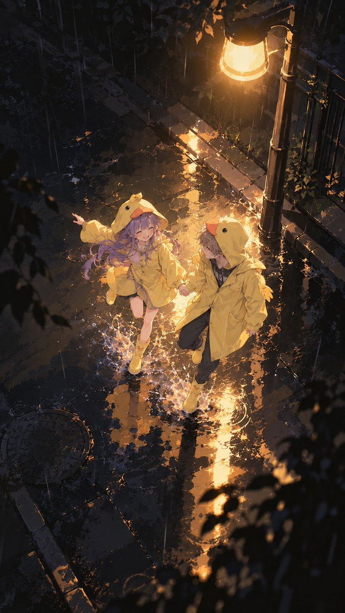 iliIiMignon's tweet photo. 雨天踩水~

prompt:
画A与B两个人夜里在路灯正下方穿着小黄鸭雨衣在雨后踩水玩的场景，背景压得很黑很黑，只剩金黄的路灯照亮人物，超远景俯视视角。9:16，日漫手绘风格，笔触自然松弛，色块利落，明暗层次清楚，兼具精致感与鲜明的二维手绘质感，避免过度精修、细碎阴影、密集纹理、朦胧厚涂。 https://t.co/Q8TSxmXThA