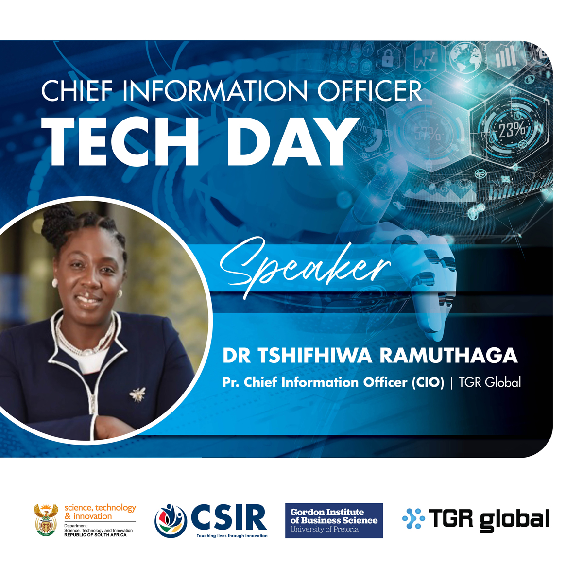 CSIR's tweet photo. #TeamCSIR, in partnership with TGR Global Enterprises and Gordon Institution of Business Science, will host the Chief Information Officer #CIOTechDay on Tuesday, 27 October 2026 at the CSIR International Convention Centre.

The forum will bring together CIOs and technology leaders from South Africa’s public and private sectors to share insights and engage in forward-looking discussions on artificial intelligence, data, digital trust, innovation and enterprise transformation.

For more information, visit: https://t.co/8EtrPDLDrq

#CIOMandate
#TechLeadership 
#DigitalTransformation