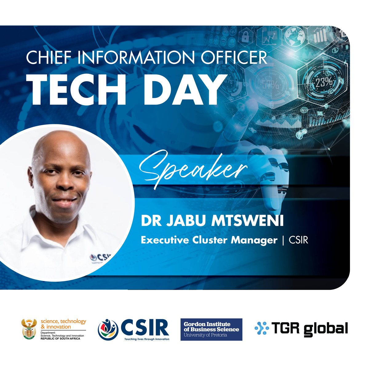 CSIR's tweet photo. #TeamCSIR, in partnership with TGR Global Enterprises and Gordon Institution of Business Science, will host the Chief Information Officer #CIOTechDay on Tuesday, 27 October 2026 at the CSIR International Convention Centre.

The forum will bring together CIOs and technology leaders from South Africa’s public and private sectors to share insights and engage in forward-looking discussions on artificial intelligence, data, digital trust, innovation and enterprise transformation.

For more information, visit: https://t.co/8EtrPDLDrq

#CIOMandate
#TechLeadership 
#DigitalTransformation