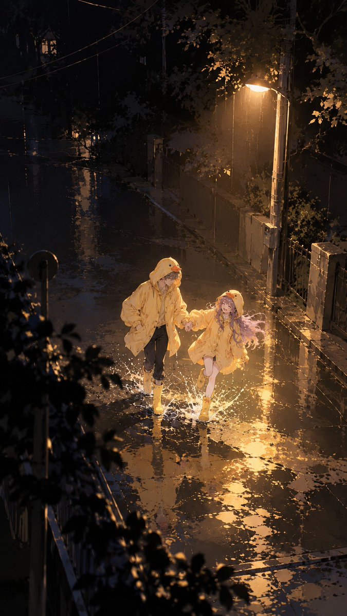 iliIiMignon's tweet photo. 雨天踩水~

prompt:
画A与B两个人夜里在路灯正下方穿着小黄鸭雨衣在雨后踩水玩的场景，背景压得很黑很黑，只剩金黄的路灯照亮人物，超远景俯视视角。9:16，日漫手绘风格，笔触自然松弛，色块利落，明暗层次清楚，兼具精致感与鲜明的二维手绘质感，避免过度精修、细碎阴影、密集纹理、朦胧厚涂。 https://t.co/Q8TSxmXThA