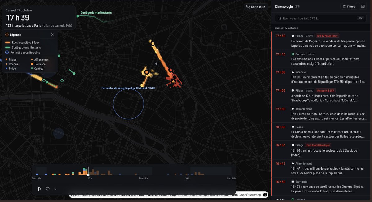 dboxm's tweet photo. Avec l'IA, j’ai tenté de visualiser la propagation des pillages et autres événements survenus ce samedi et ce dimanche à Paris.

La data est téléchargeable dans les réglages. Si quelqu'un est OK pour m'aider à l'améliorer, je suis dispo en DM.

https://t.co/McszyOenu9 https://t.co/gpPHOTFdEW