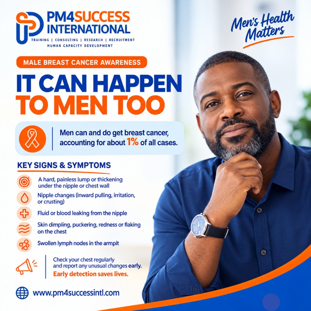 pm4successintl's tweet photo. ๐๏ธ #WeeklyCheckIn | It Can Happen to Men Too!
Breast cancer is not just a womenโs health issue. Men can develop it too, yet warning signs are often overlooked.
Therefore:
๐ Know the risk factors: Older age, a close family history of breast cancer, inherited gene changes, https://t.co/k9DfNhPx1l