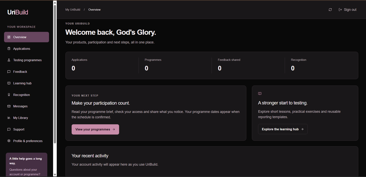 gloryidibie's tweet photo. I built UriBuild's  website, my UriBuild library for customers who want to access their resources, a tester's workspace for those who want to sign up as testers on the platform, and an Operating system where everything happens

This whole process took me 2 months to finish, while working on other projects. I shared a video of the website, library, and workspace on the company's YouTube page; go check it out. The link is in the comments.

Meanwhile, here is a snapshot.