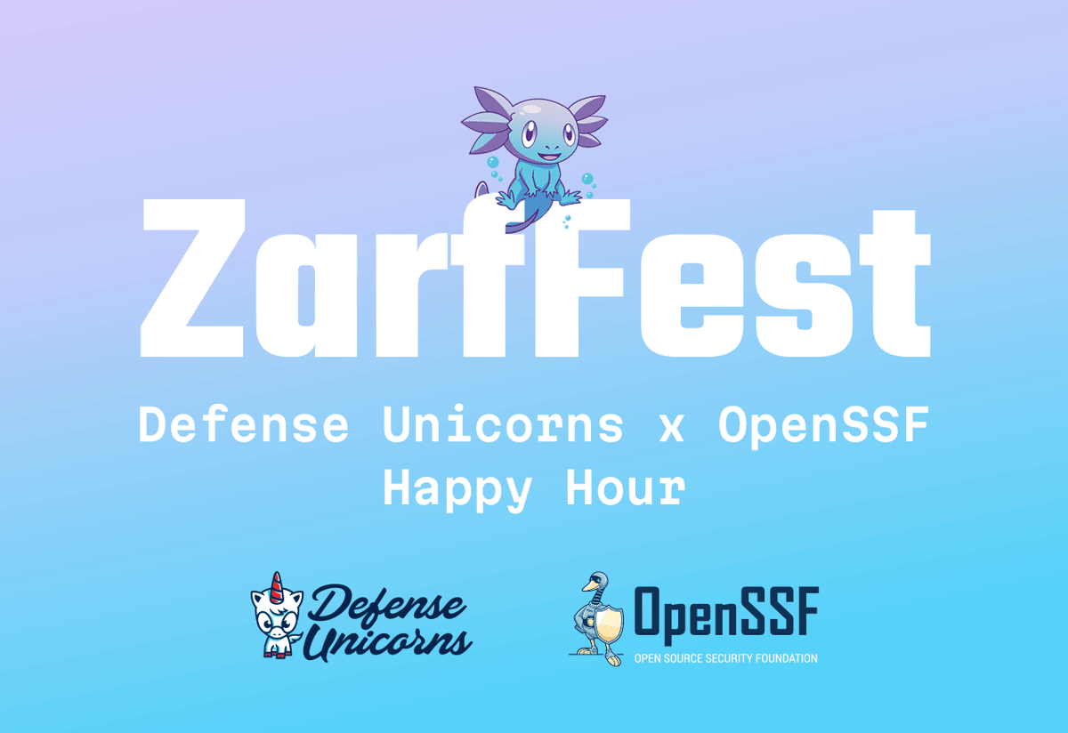 openssf's tweet photo. Your Wednesday night #KubeCon plans? Sorted.

Join OpenSSF + Defense Unicorns at ZarfFest for drinks, bites, and open source community.

Nov. 11 | 6:30–9:30 p.m.
Le Méridien, Salt Lake City 

Register: https://t.co/gYOi4NjMNG https://t.co/fg63TWkabs