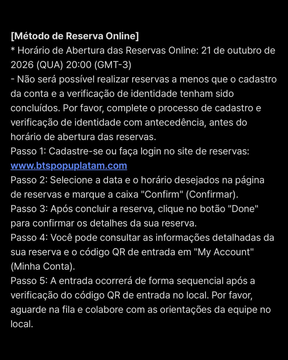 btsbrasil_on's tweet photo. 🚨 VEIO AÍ!!

Mais Informações sobre a BTS POP-UP em São Paulo!

Abre amanhã, 22 de outubro, e ficará aberta até 22 de novembro, das 9h às 20h! 💜

‼️ No dia 25 de outubro, devido às eleições, a abertura será após às 12h.

📍 Local: MIS Experience — Museu da Imagem e do Som
R. Cenno Sbrighi, 250 – Água Branca, São Paulo – SP, 05036-050.  

🎟️ RESERVAS ONLINE

O cadastro para as reservas abrem hoje, 21/10, às 20h pelo site  https://t.co/jXkOMvHuvk

⚠️É obrigatório fazer o cadastro e a verificação de identidade no site com antecedência antes das 20h para conseguir reservar!  

▪️Cadastre-se/faça login em https://t.co/jXkOMvHuvk  
▪️Selecione a data e horário e clique em "Confirm" 
▪️Clique em "Done" para finalizar  
▪️Acesse o seu QR Code em "My Account"  

A entrada no local será sequencial por ordem de chegada com a validação do QR Code. 

#BTS #BTS_ARIRANG #BTS_POPUP
(1/2)