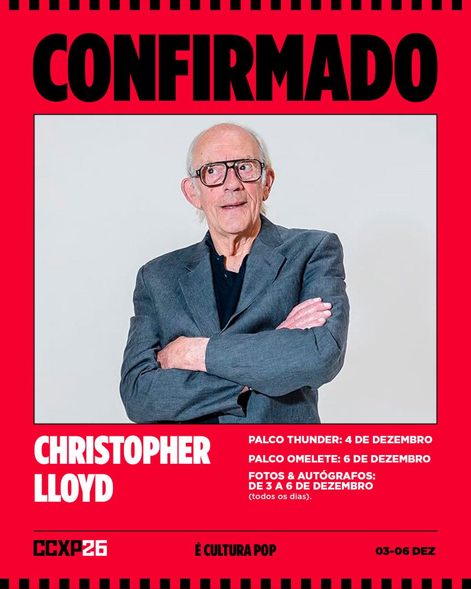 CCXPoficial's tweet photo. ESTRADAS? PARA ONDE VAMOS NÃO PRECISAMOS DE ESTRADAS. Pela primeira vez no Brasil, o lendário Christopher Lloyd vem aí e está confirmado na #CCXP26! https://t.co/dSk4rVHujN
