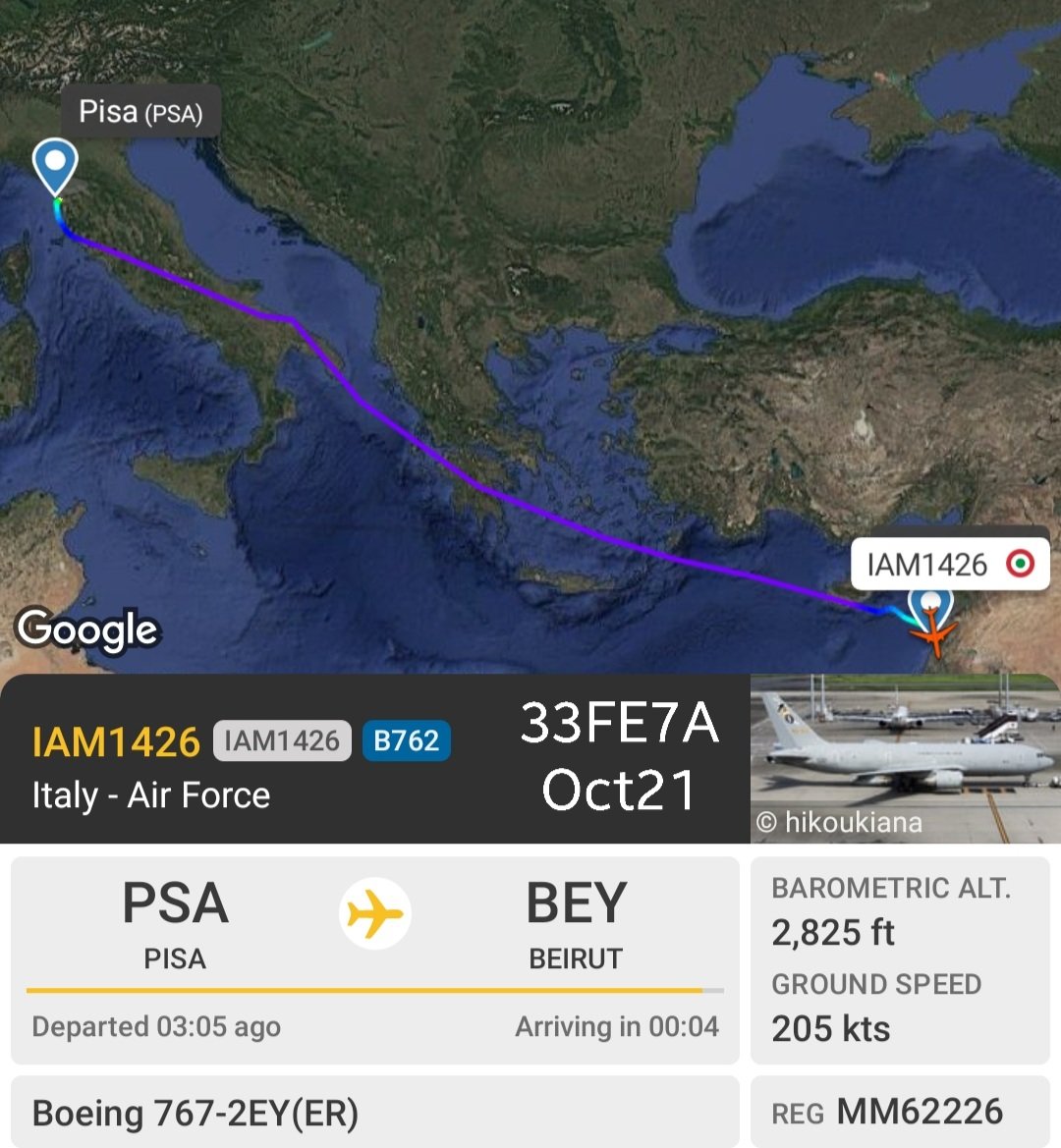 LebanonJets's tweet photo. 36th #Italy AirForce KC767 of 2026 (2nd in a week for the same airframe) #MM62226 #33FE7A into Beirut from Pisa as #IAM1426 732 Italian troops remaining in Lebanon for #UNIFIL https://t.co/XVgbBPGwuo