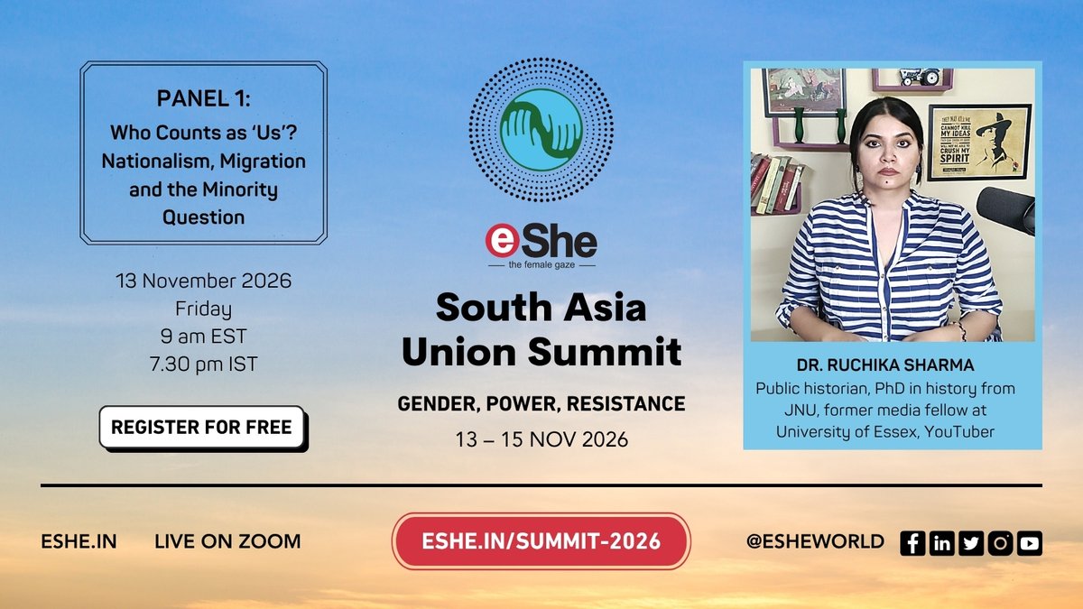 eSheWorld's tweet photo. Historian Dr Ruchika Sharma @tishasaroyan, whose YouTube channel separates the facts of Indian history from the myths, joins Panel 1 of #SAUS2026 on nationalism, migration and minorities.
🗓 Fri, 3 Nov, 9 am EST / 7.30 pm IST 
Free on Zoom
Register: https://t.co/gRx1njjbQ6 https://t.co/J6nJpXk7fk