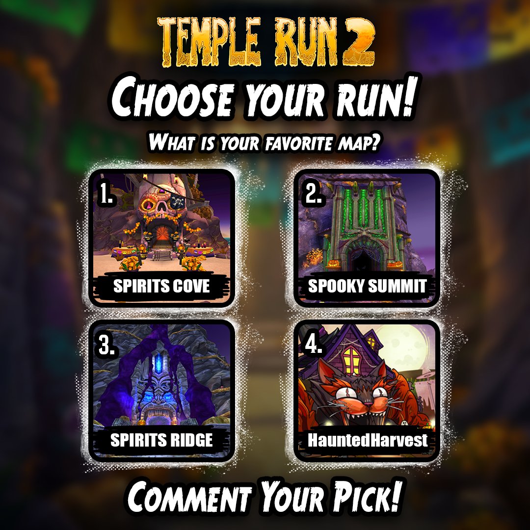 TempleRun's tweet photo. 🎃 Choose your run!   
Which spooky Temple Run map gets your vote?   
Drop your pick below! 👇    

🕹️ Play now: https://t.co/J0VThXbMw9 

#TempleRun2 #Halloween https://t.co/3zUGUX5hXC