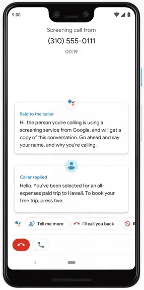 yizhou_yu's tweet photo. I got a call on my Google Pixel phone today from a number that looks like it's from a recruiter, and saw the "Call Screen" button.

I clicked on it rather than answering the call directly, and it showed me the transcript of what the person on the other end was asking about.

He was indeed a recruiter and I was able to hang up the phone right away without having to talk to the person.

This is such a nice feature - previously even if I said I'm not interested, almost all recruiters that called me asked me to explain more, and I had to uncomfortably find a way to hang up.

With this Call Screen feature that I just discovered, it'll make it much easier for me to process those calls.