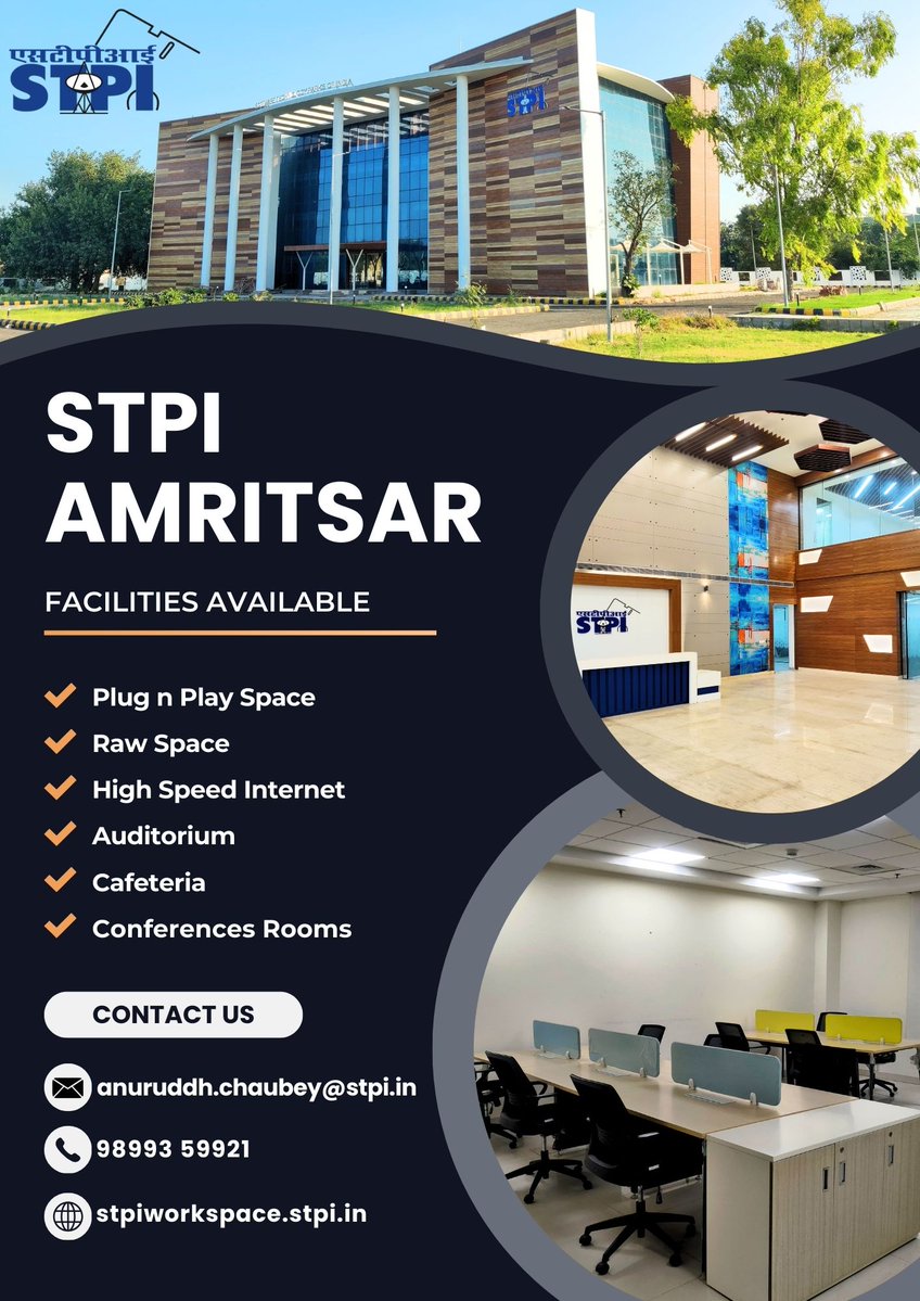 STPIAmritsar's tweet photo. "Plug into success with STPI's ready-to-use incubation facilities @STPIAmritsar for seamless operations and technological advancement."
Apply at: https://t.co/awi2FYgFNn
@arvindtw
@Shail2108
@stpiindia
@STPIMohali https://t.co/b2rWH8g4yE