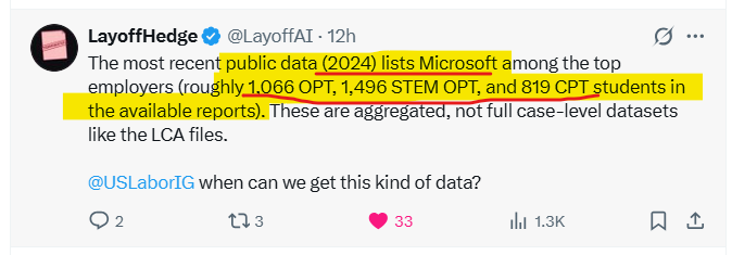 ChillMode2345's tweet photo. What is the reason that, per Greenhouse, 81% of Americans were rejected for a job in the past year without ever speaking to anyone at the company, human or AI?  

The pipeline is OPT+STEM+CPT, where US companies hire foreign students first for entry-level jobs through caste/kick-backs/bodyshops based hiring practices, with a total of 15% FICA tax exemptions combined for both the employer and the foreign student worker, and no prevailing-wage requirements, only state or federal minimum wages.

The initial 1–3 years of critical on-the-job training are lost for US graduates! Employers file H-1B lottery applications for these foreign students during their initial three years of OPT + STEM OPT. If selected in the H-1B lottery, the employer keeps them. If not, these OPT + STEM students move to Day1CPT colleges or universities, continue working full-time, and keep trying for the H-1B lottery.

At least five years have now passed for the foreign worker holding that job. If selected in the H1B lottery eventually, the employer files for PERM after a further 4-5 years of employment. By then, the foreign worker already has 6–10 years of experience. These workers cannot easily leave their employers while waiting for PERM and green card processing. If they are never selected for the H-1B, the company sends the good workers to another country, such as Canada or their home country, and brings them back on an L-1 visa after a year!

This system has killed innovation. A majority of these foreign workers are simply doing the job, working 12–16 hours a day, including days off. Meanwhile, U.S. citizen graduates miss out on years of critical opportunities, experience, and career growth!

All these loopholes appear to have been designed around rules that consistently favor employers and foreign workers. OPT, STEM OPT, and CPT arrangements create 5 years of FICA tax exemptions under qualifying circumstances. OPT + STEM + CPT can mean up to five years without FICA payroll taxes!

The critical 3–6 years of work experience that American workers need to build their careers are lost when companies can hire foreign workers on OPT/STEM/CPT and then move them to H1B and L1 visas instead of hiring and training American workers. During PERM, if violations are caught, companies pay the fine and move on. But the damage to American careers has already been done for every H1B or L1 worker initially hired who has spent 3–7 years in the job and has become a perfect fit for that position! 

Sample of Micrsoft hiring these 3500 foreign F1 students in 2024 who will get transitioned to H1B/L1/TN etc., and US workers get laid off with new foreign workers who will have to work like slaves for ten year atleast or until their PERM+I-140 is approved! Once PERM+I-140 is approved these workers are no longer motivated to work long hours including days-off, and they move to differnt companies with I-485 petition pending and EAD acquired. That why new foreign workers are needed every year!

https://t.co/pcpOReZosC