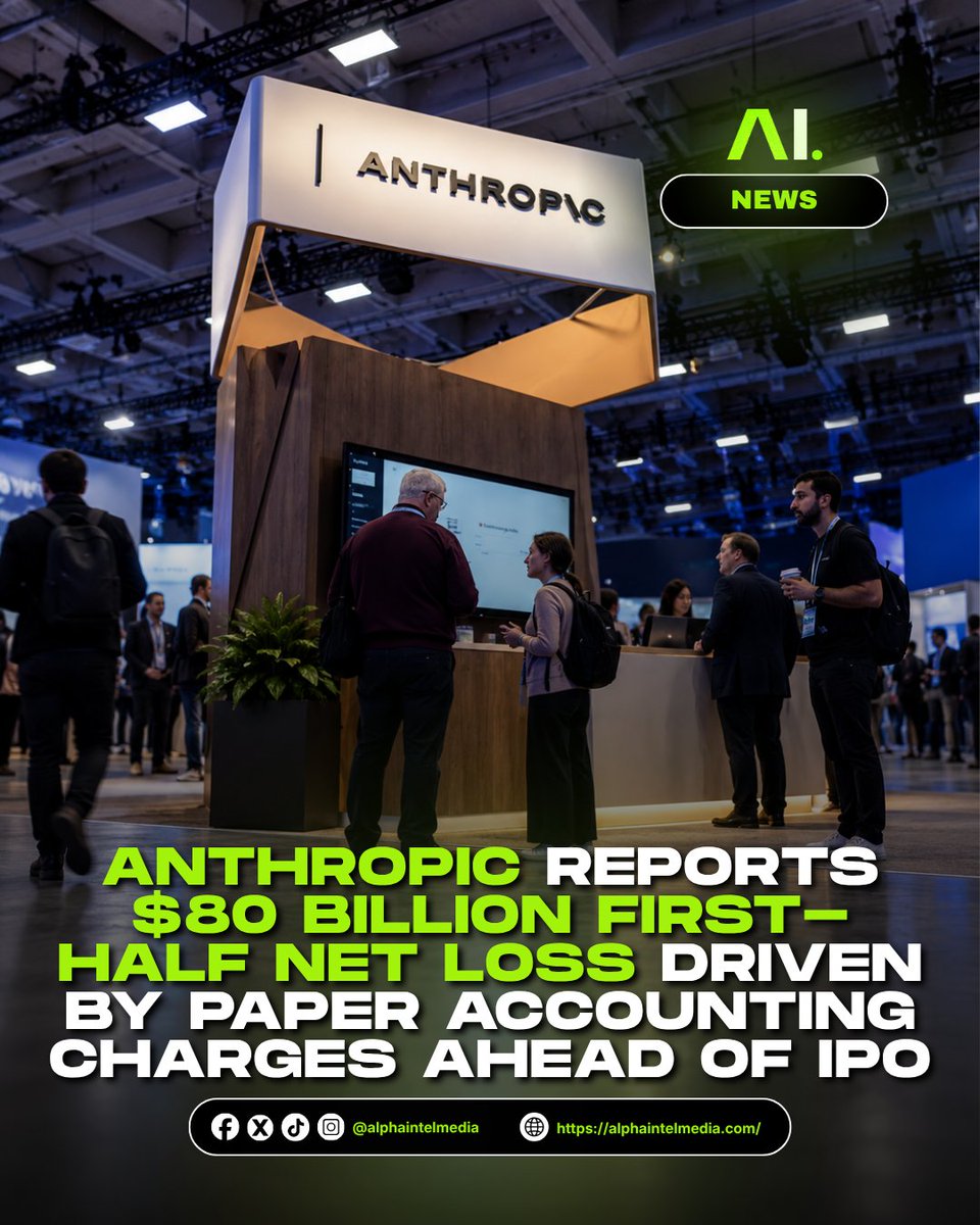 AlphaIntelMedia's tweet photo. 𝐀𝐧𝐭𝐡𝐫𝐨𝐩𝐢𝐜 𝐥𝐨𝐠𝐠𝐞𝐝 𝐚𝐧 $𝟖𝟎.𝟕𝐁 𝐧𝐞𝐭 𝐥𝐨𝐬𝐬 𝐢𝐧 𝐇𝟏 𝟐𝟎𝟐𝟔—𝐛𝐮𝐭 𝐩𝐚𝐩𝐞𝐫 𝐚𝐜𝐜𝐨𝐮𝐧𝐭𝐢𝐧𝐠 𝐜𝐡𝐚𝐫𝐠𝐞𝐬 𝐭𝐞𝐥𝐥 𝐭𝐡𝐞 𝐛𝐢𝐠𝐠𝐞𝐫 𝐬𝐭𝐨𝐫𝐲! 📊🤖 

A $72B mark-to-market adjustment on convertible notes drove the loss, even as revenue jumped to $16.3B in H1 and hit $16.8B in Q3. 

#Anthropic #TechNews #IPO #AlphaIntel