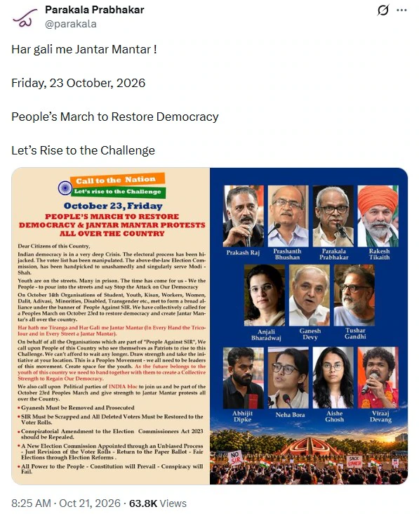 IndiaToday's tweet photo. 𝐇𝐚𝐫 𝐠𝐚𝐥𝐢 𝐦𝐞𝐢 𝐉𝐚𝐧𝐭𝐚𝐫 𝐌𝐚𝐧𝐭𝐚𝐫: 𝐒𝐢𝐭𝐡𝐚𝐫𝐚𝐦𝐚𝐧'𝐬 𝐡𝐮𝐬𝐛𝐚𝐧𝐝 𝐭𝐨 𝐣𝐨𝐢𝐧 𝐃𝐢𝐩𝐤𝐞 𝐢𝐧 𝐚𝐧𝐭𝐢-𝐒𝐈𝐑 𝐩𝐫𝐨𝐭𝐞𝐬𝐭

Noted economist #ParakalaPrabhakar will share the stage with #CockroachJantaParty (CJP) founder Abhijeet Dipke and actor-activist Prakash Raj in a nationwide protest against the SIR exercise on October 23. 

Read more: https://t.co/E23KoHsYjP