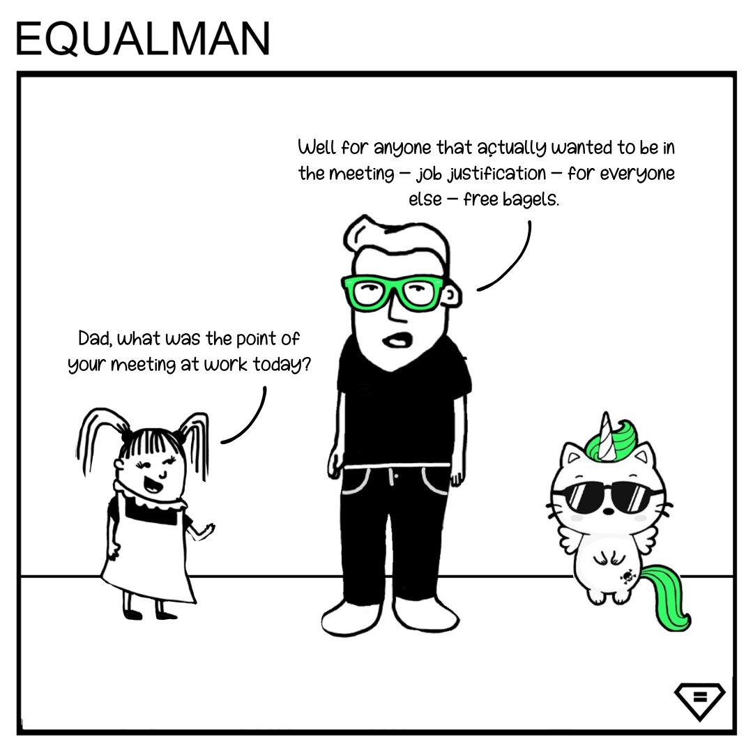 equalman's tweet photo. "What was the point of your meeting today?"

"Well for anyone that actually wanted to be in the meeting,  job justification - for everyone else,  free bagels."

#Funny #WorkHumor #ErikQualman #WorkPlaceJokes #Technology #Innovation https://t.co/HWJG4VzjIM