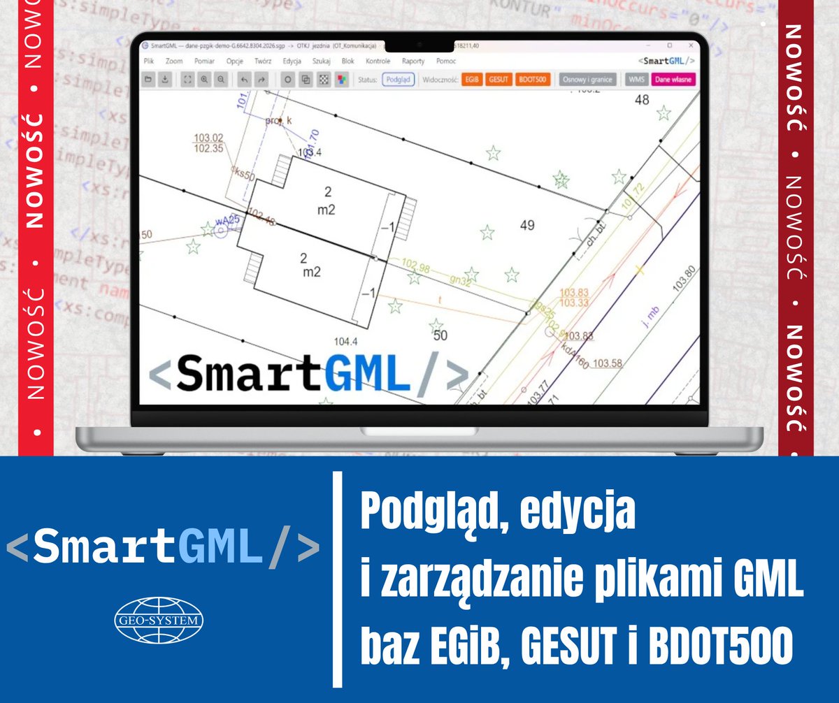 geo_system's tweet photo. Z przyjemnością przedstawiamy SmartGML – aplikację, stworzoną z myślą o usprawnieniu codziennej pracy wykonawców geodezyjnych. Sprawdź jak wygodnie pracować z plikami GML z baz EGiB, GESUT i BDOT500 ➡️ https://t.co/lmBxBfiNxe

#geodezja #GML #EGiB https://t.co/1s8zSNj8fw